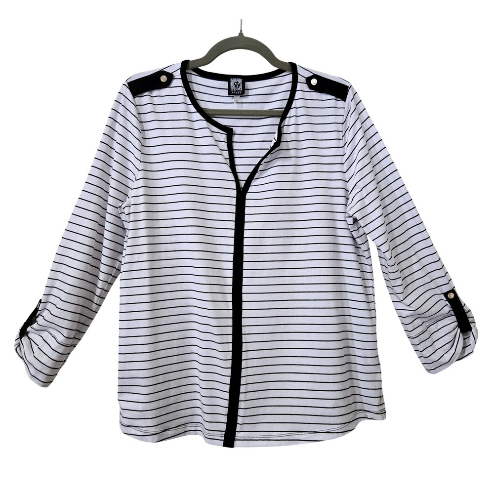 Anne Klein Sport Women's L Nautical White Black Striped 3/4 Roll Tab Sleeve Top‎